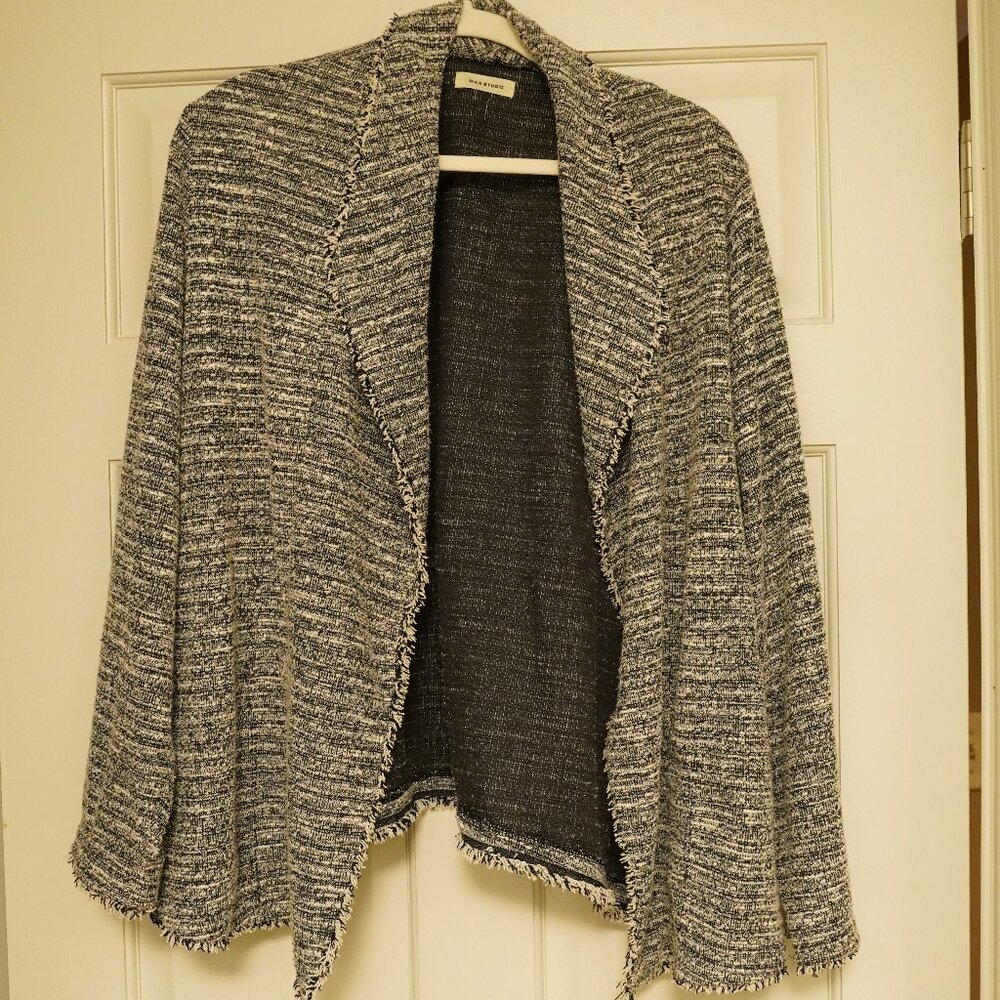 Max Studio Open Front Tweed Cardigan Jacket Black White Frayed Trim - Picture 1 of 4